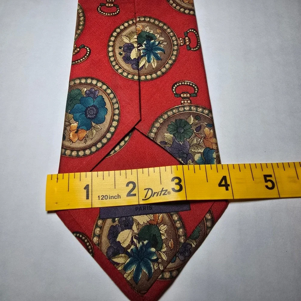 Leonard Paris Mens Red Silk Tie Pocket Watch Floral Made in Italy Designer T-18